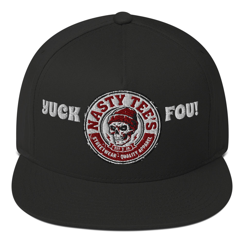 Nasty Tee's Yuck Fou! spoonerism flat bill cap, skull badge graphic, unisex