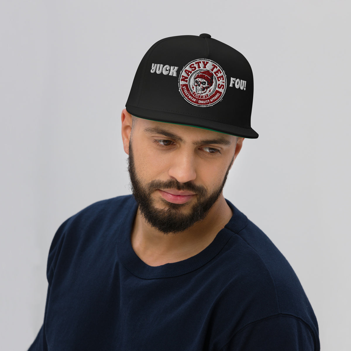 Nasty Tee's Yuck Fou! spoonerism flat bill cap, skull badge graphic, unisex

