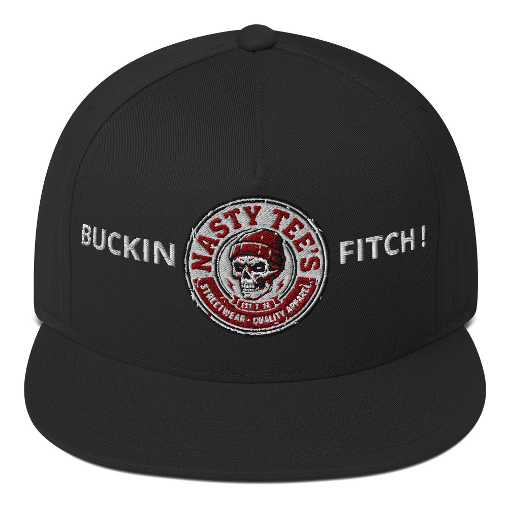 Nasty Tee's Buckin Fitch spoonerism flat bill cap, skull badge graphic, unisex