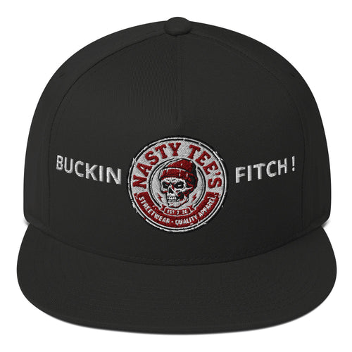 Nasty Tee's Buckin Fitch spoonerism flat bill cap, skull badge graphic, unisex