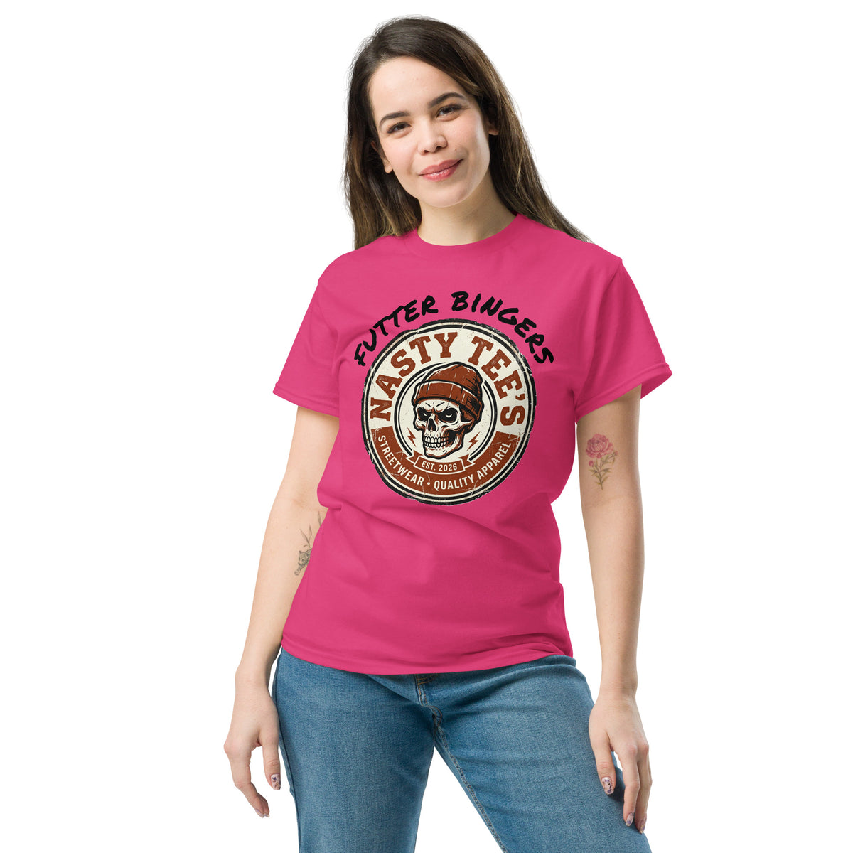"Futter Bingers" unisex classic tee in pink, front view — Nasty Tee's