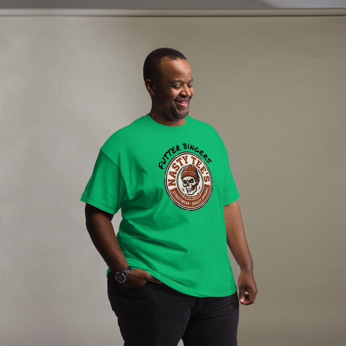 "Futter Bingers" unisex classic tee in Irish green, front view — Nasty Tee's