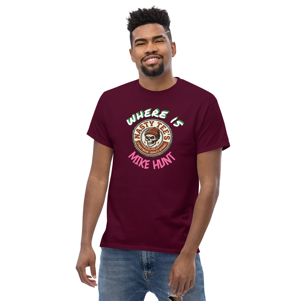 Nasty Tee's Where Is Mike Hunt spoonerism t-shirt, skull badge graphic, unisex