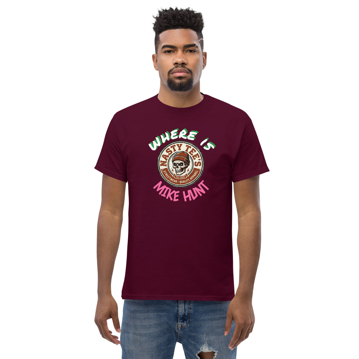 Nasty Tee's Where Is Mike Hunt spoonerism t-shirt, skull badge graphic, unisex
