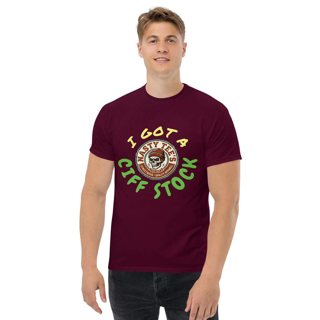 Nasty Tee's I Got A Ciff Stock spoonerism t-shirt, skull badge graphic, unisex