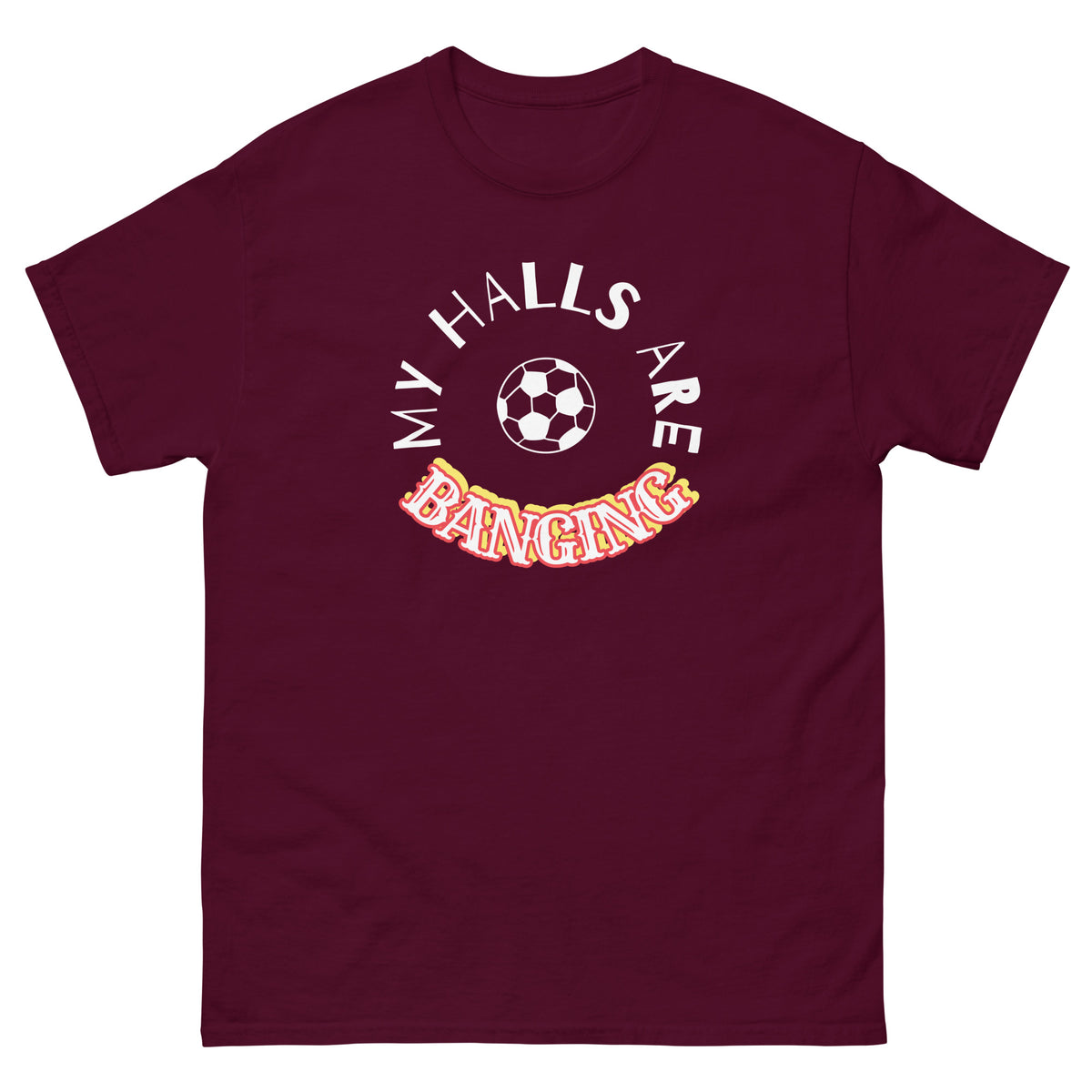 Nasty Tee's My Halls Are Banging spoonerism t-shirt, skull badge graphic, unisex