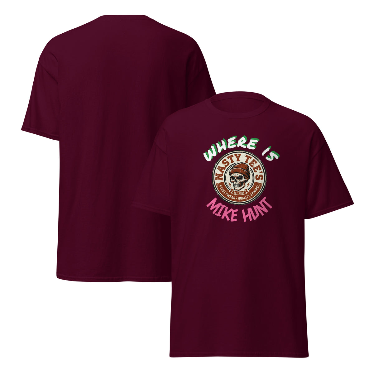 Nasty Tee's Where Is Mike Hunt spoonerism t-shirt, skull badge graphic, unisex