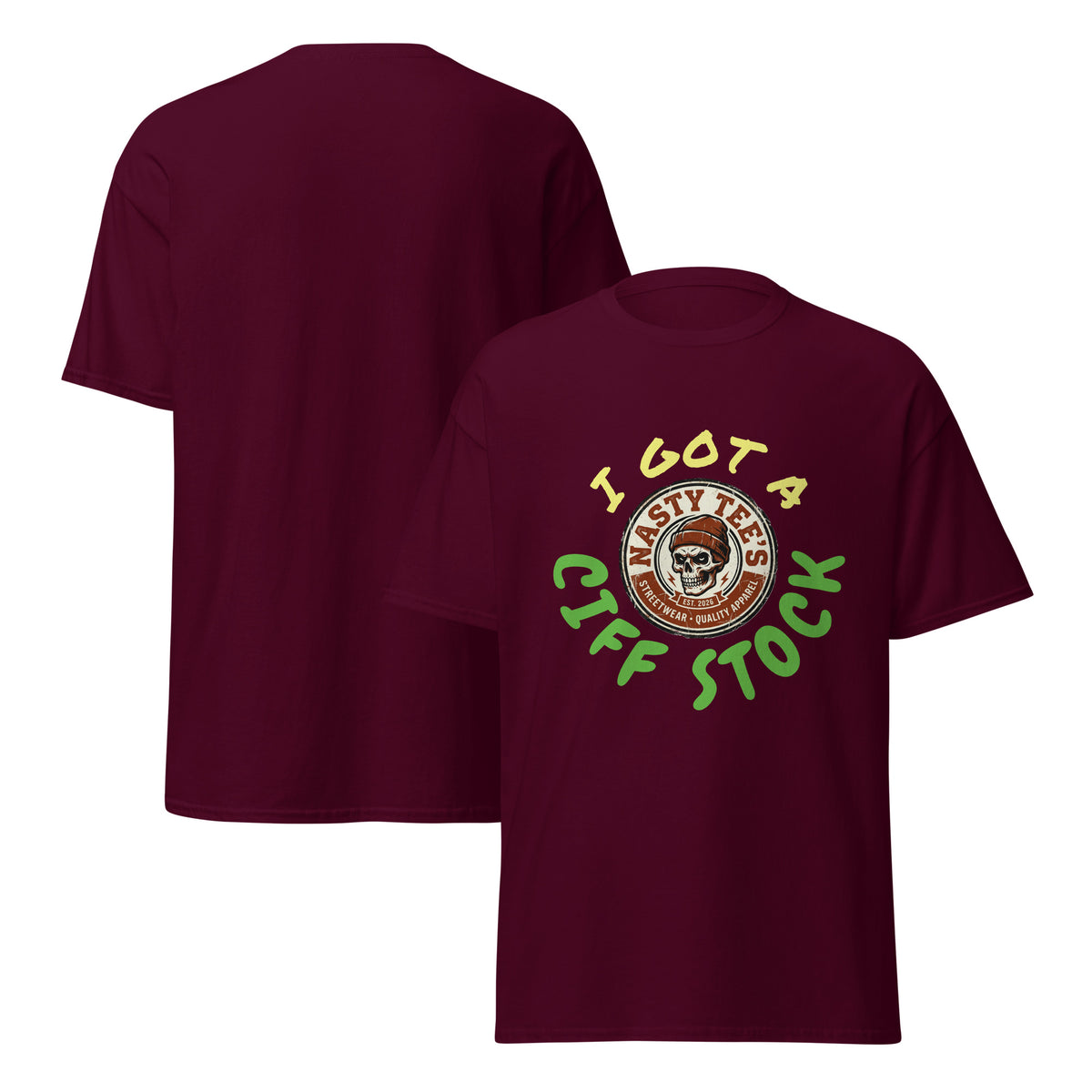Nasty Tee's I Got A Ciff Stock spoonerism t-shirt, skull badge graphic, unisex