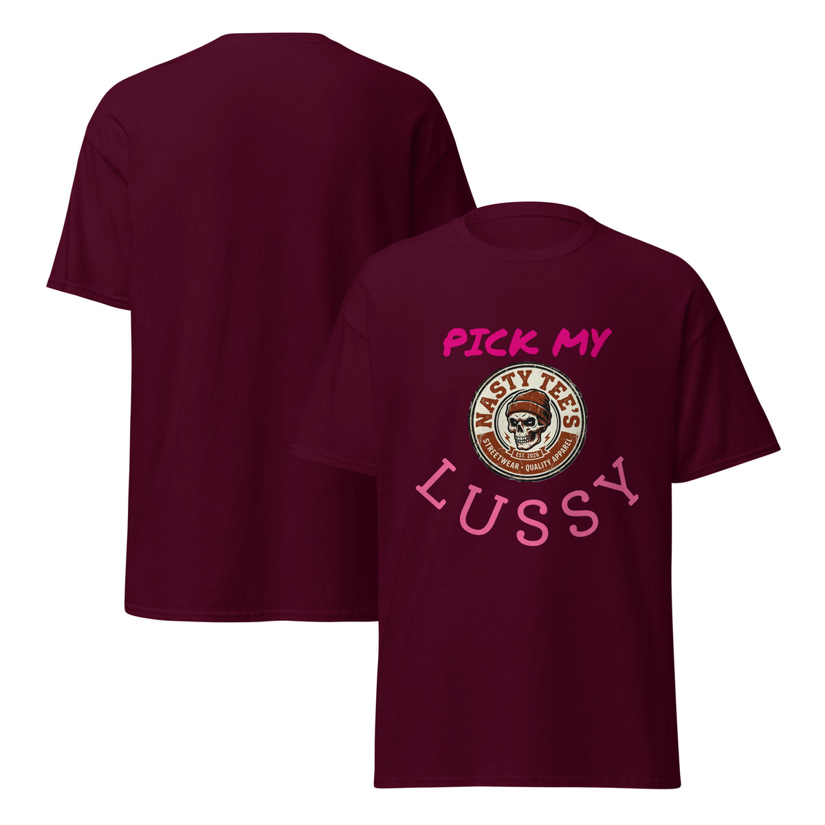 Nasty Tee's Pick My Lussy spoonerism t-shirt, skull badge graphic, unisex