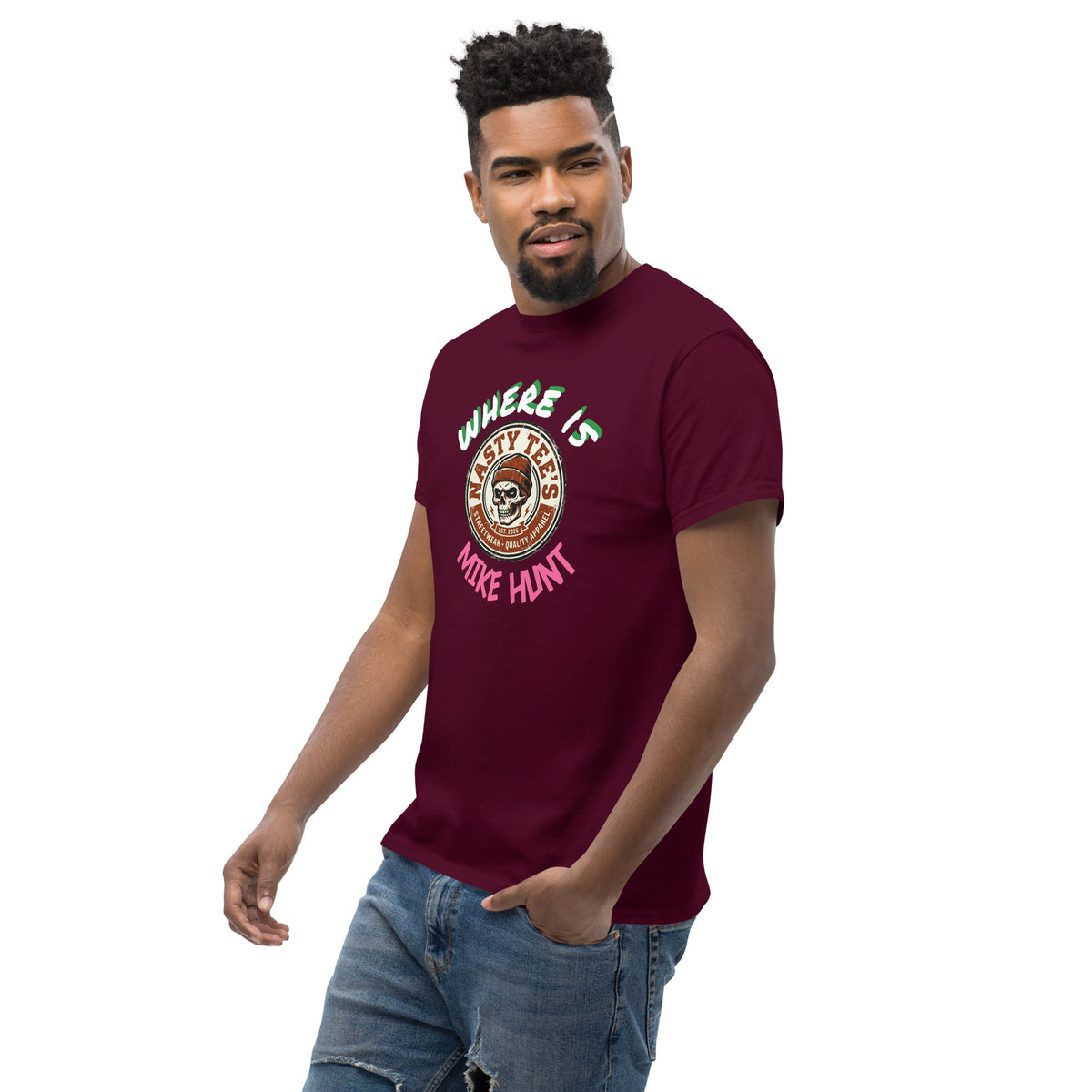 Nasty Tee's Where Is Mike Hunt spoonerism t-shirt, skull badge graphic, unisex