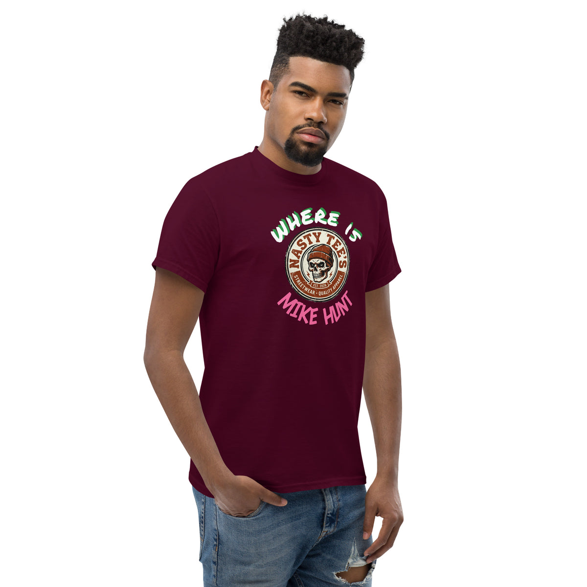 Nasty Tee's Where Is Mike Hunt spoonerism t-shirt, skull badge graphic, unisex