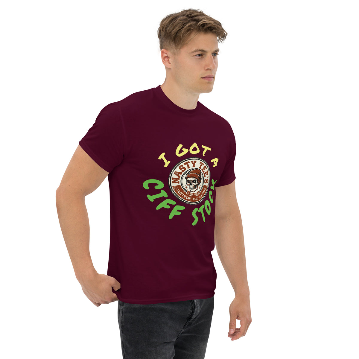 Nasty Tee's I Got A Ciff Stock spoonerism t-shirt, skull badge graphic, unisex