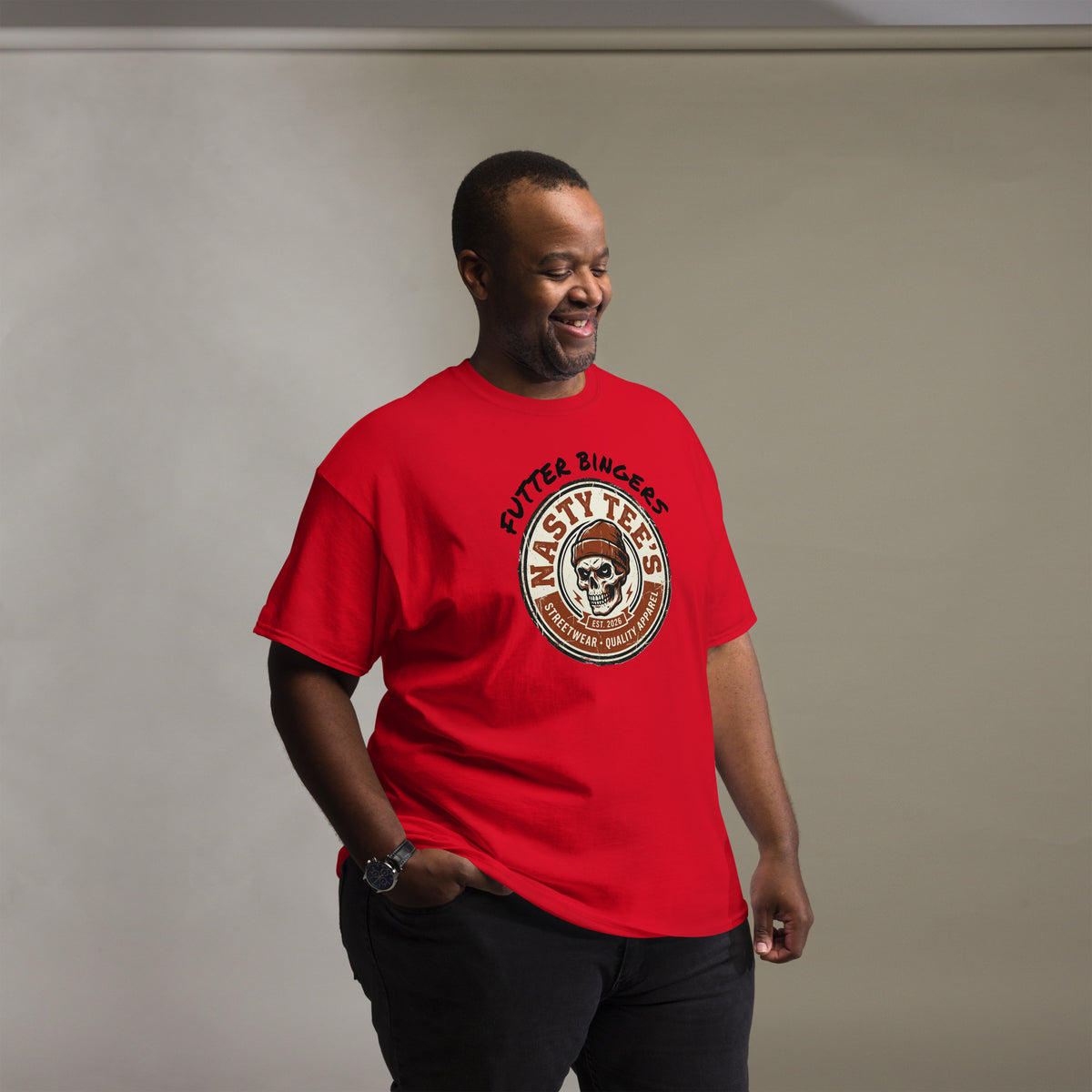 "Futter Bingers" unisex classic tee in red, front view — Nasty Tee'
