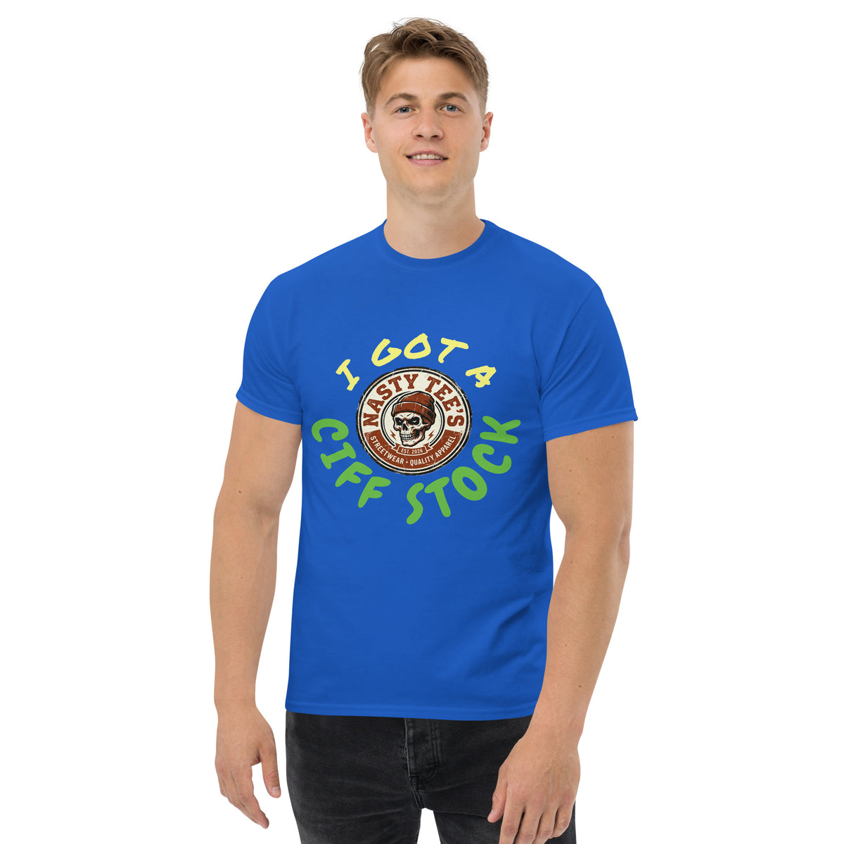 Nasty Tee's I Got A Ciff Stock spoonerism t-shirt, skull badge graphic, unisex