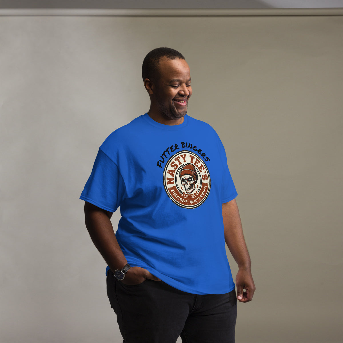 "Futter Bingers" unisex classic tee in blue, front view — Nasty Tee's