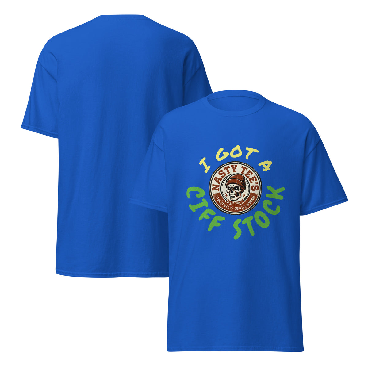 Nasty Tee's I Got A Ciff Stock spoonerism t-shirt, skull badge graphic, unisex