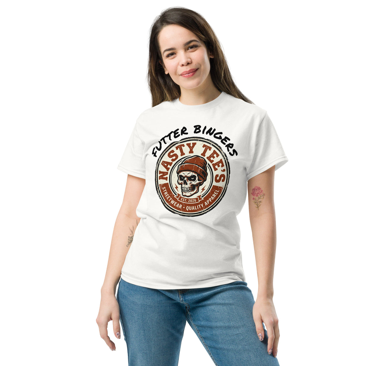 "Futter Bingers" unisex classic tee in white, front view — Nasty Tee's