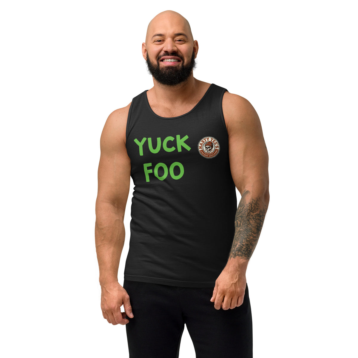 Nasty Tee's Yuck Fou spoonerism garment dyed tank, skull badge graphic, unisex