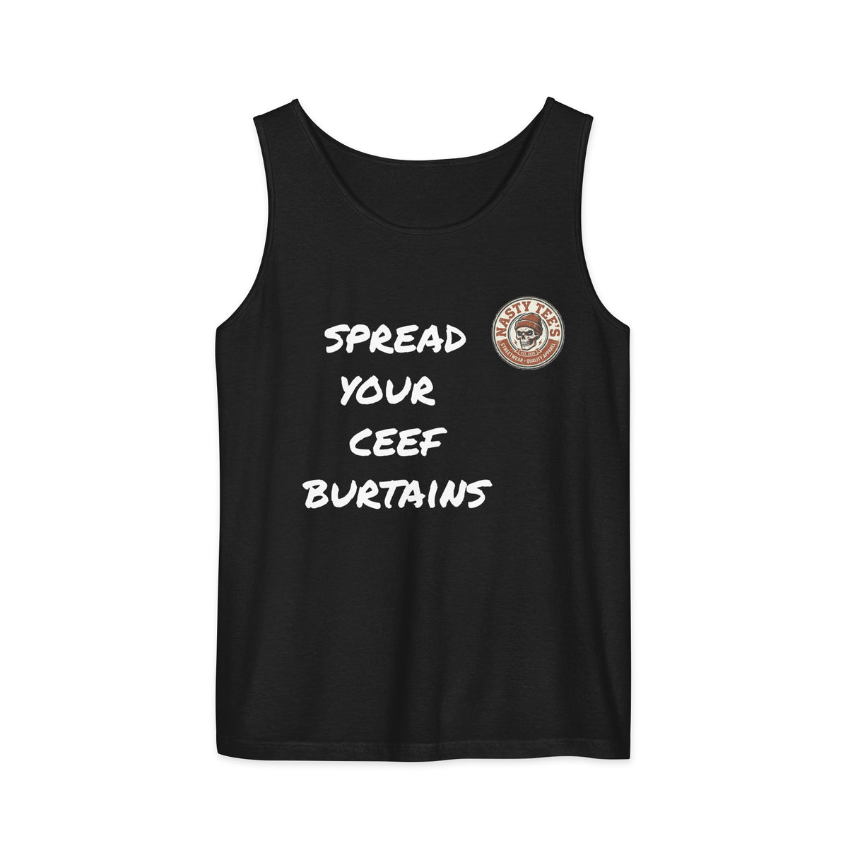 Nasty Tee's Spread Your Beef Curtains spoonerism garment-dyed tank, skull badge graphic, unisex
