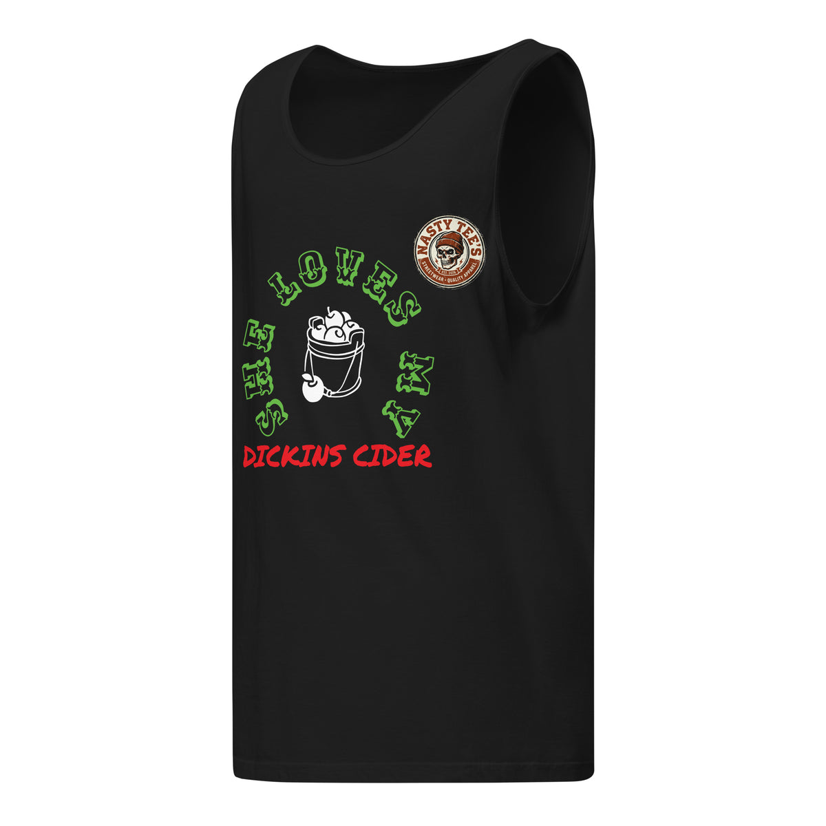 Nasty Tee's She Loves My Dickins Cider spoonerism garment dyed tank, skull badge graphic, unisex