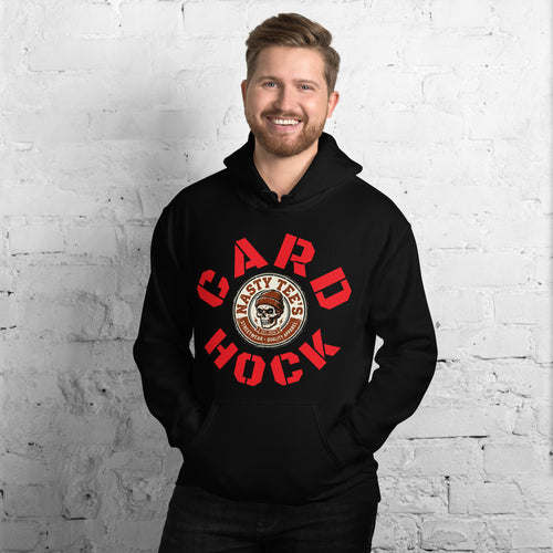 Nasty Tee's Card Hock spoonerism hoodie, skull badge graphic, unisex
