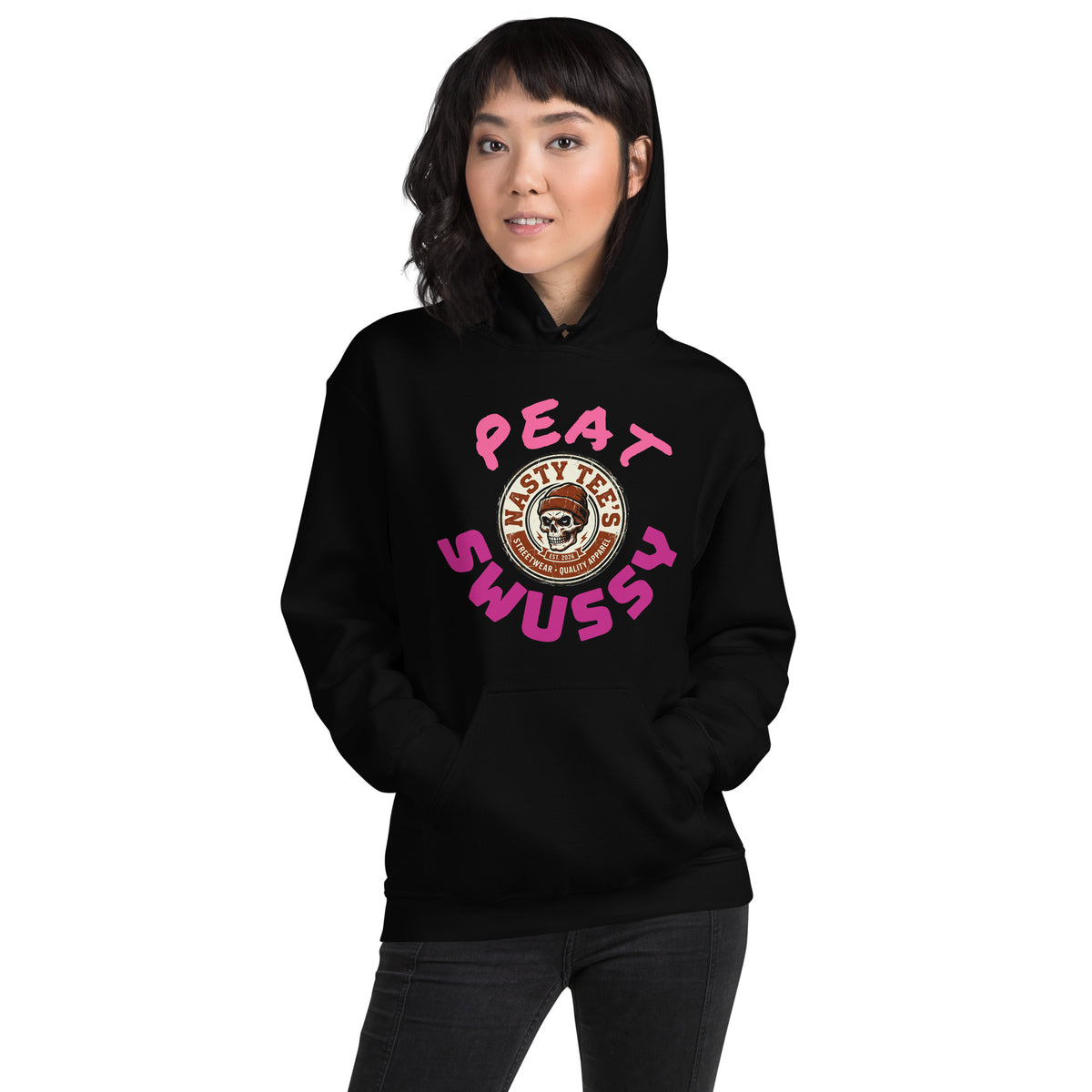Nasty Tee's Peat Swussy spoonerism hoodie, skull badge graphic, unisex