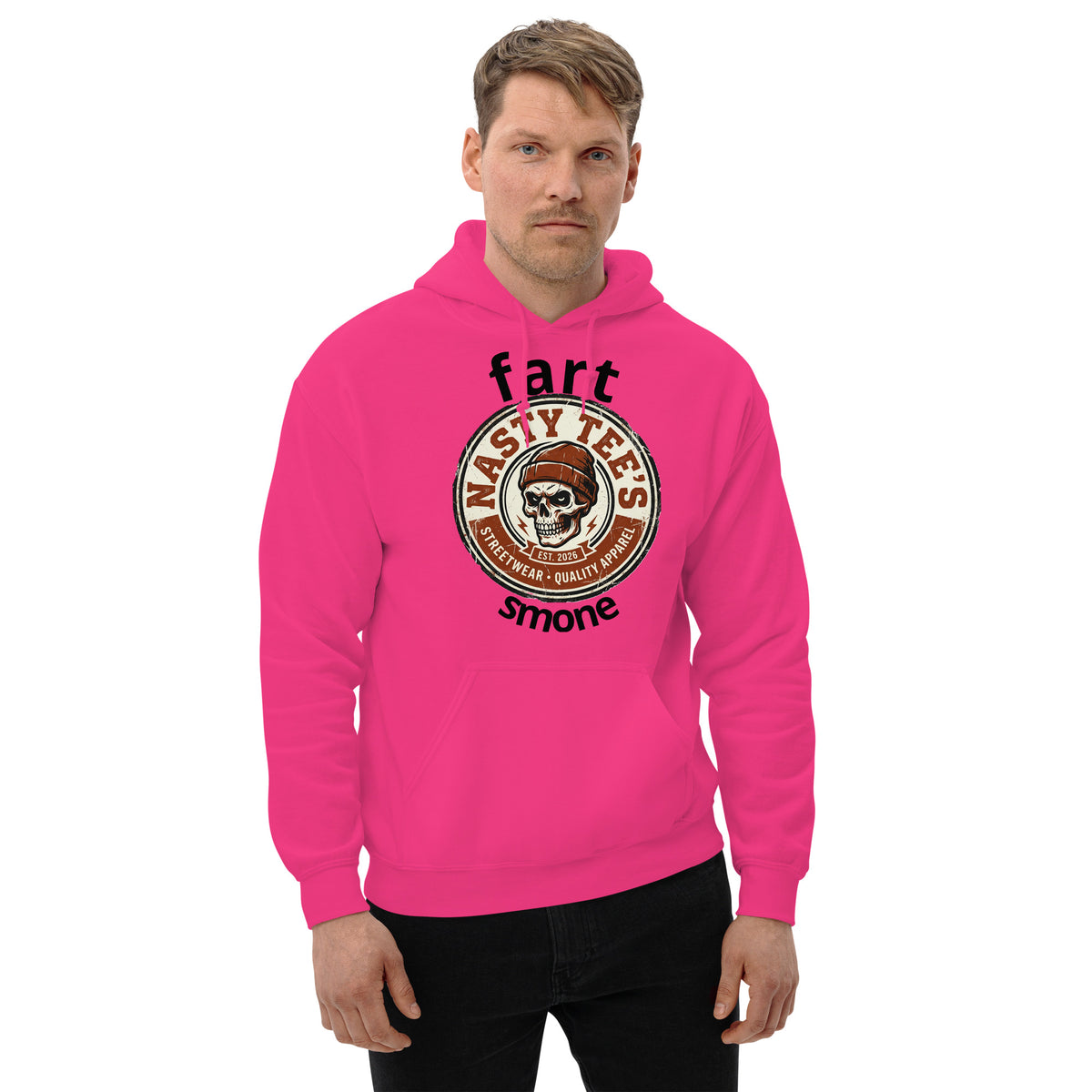 "Fart Smone" unisex hoodie in Heliconia, front view — Nasty Tee's