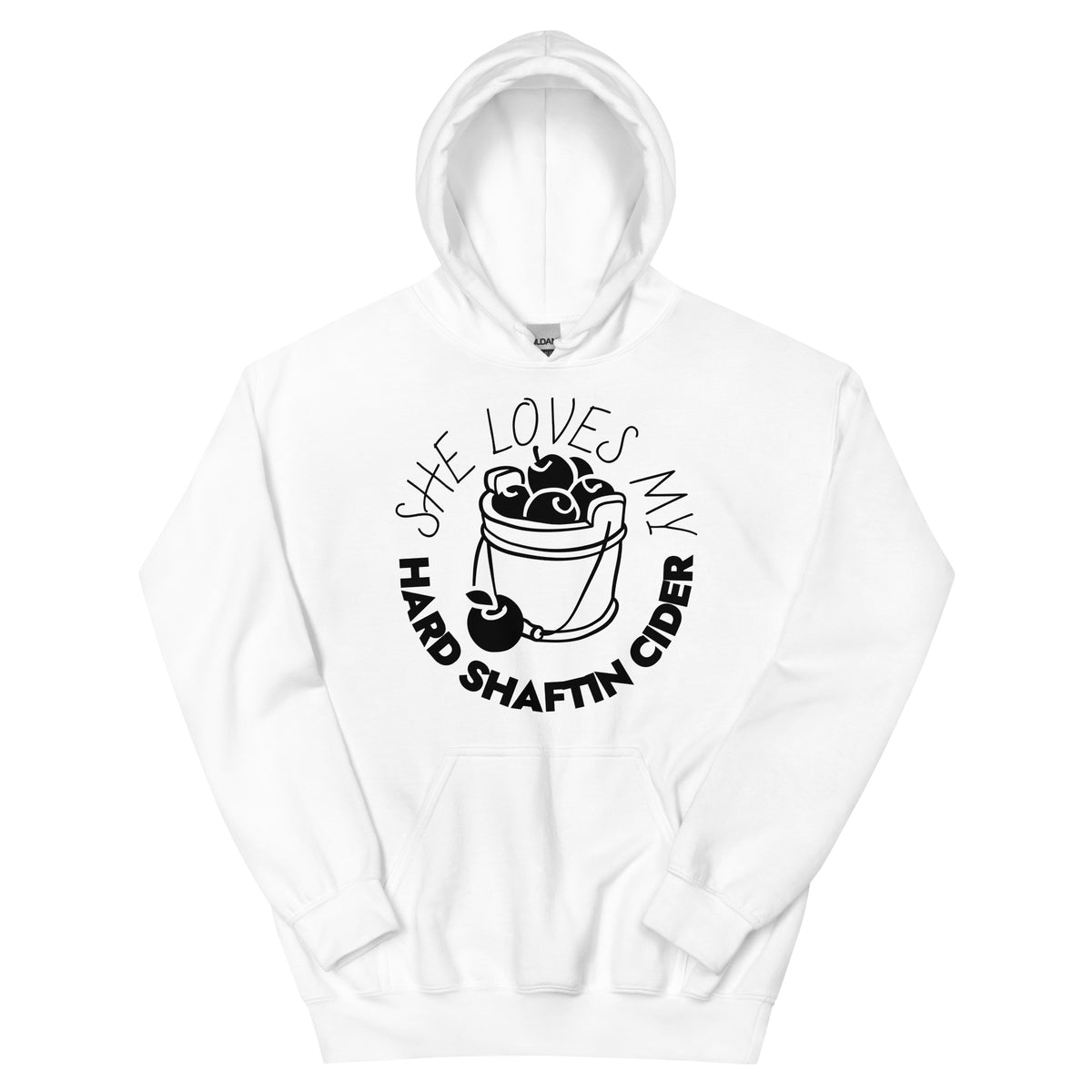 Nasty Tee's She Loves My Hard Shaftin Cider spoonerism hoodie, skull badge graphic, unisex
