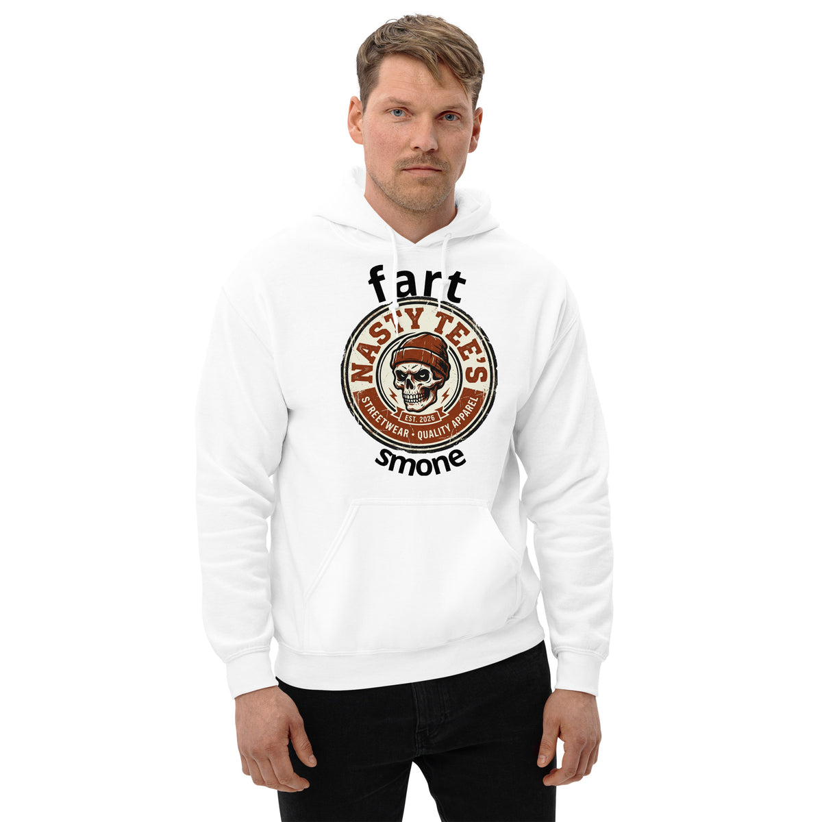 "Fart Smone" unisex hoodie in White, front view — Nasty Tee's