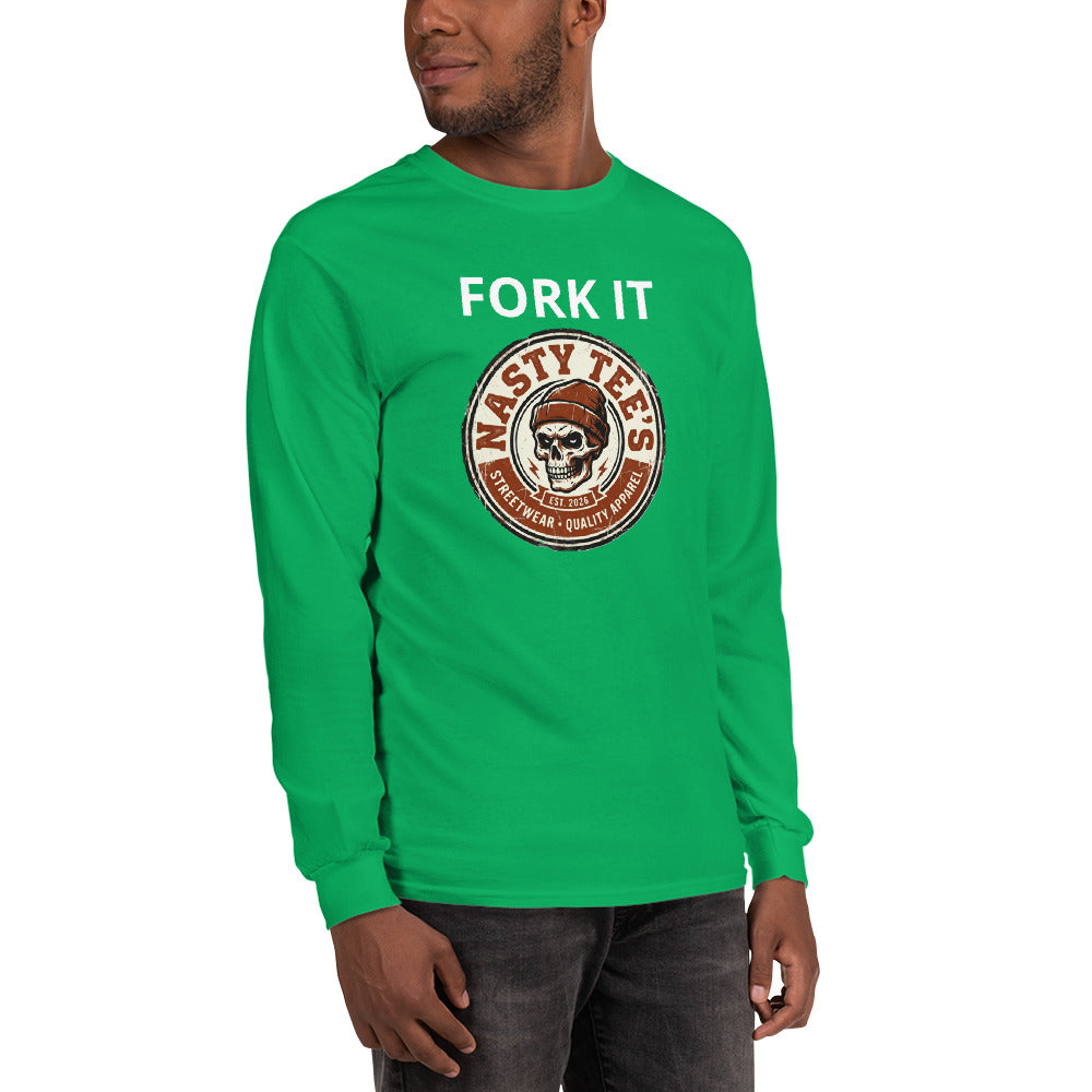 "Fork It" men's long sleeve shirt in irish green, front view — Nasty Tee's