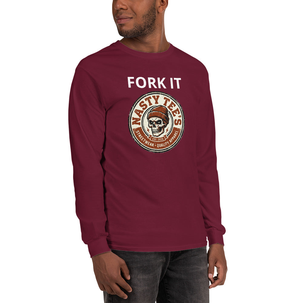 "Fork It" men's long sleeve shirt in maroon, front view — Nasty Tee's