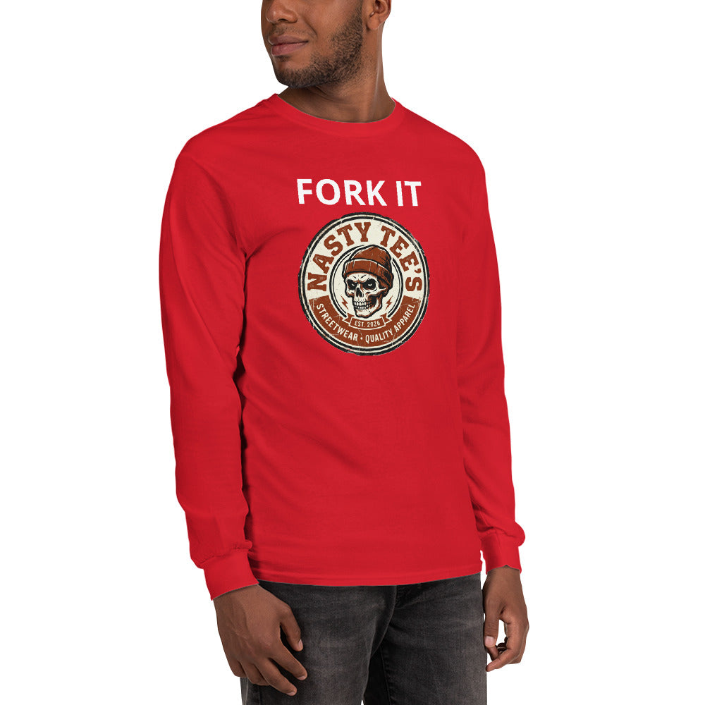 "Fork It" men's long sleeve shirt in red, front view — Nasty Tee's