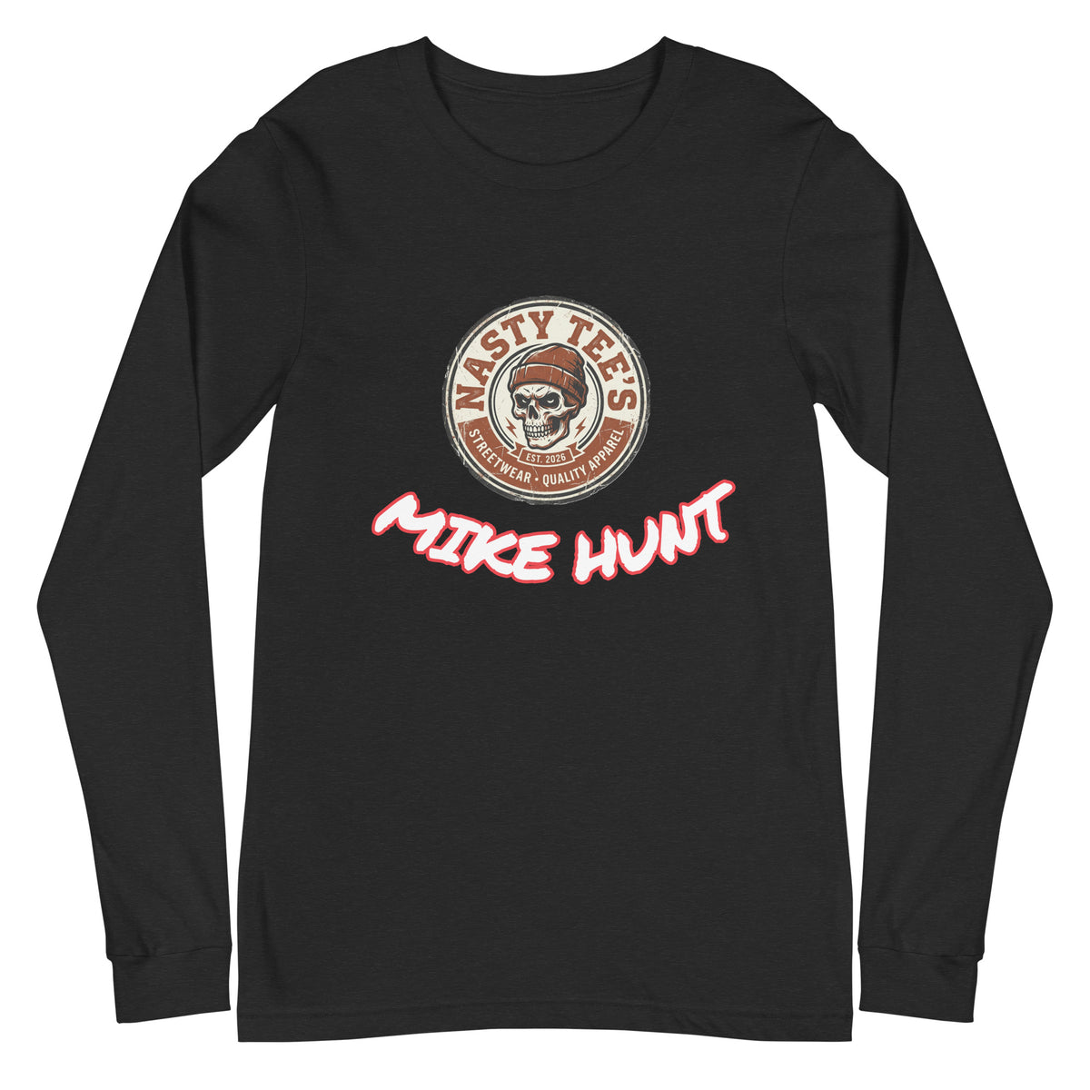 Nasty Tee's Mike Hunt spoonerism unisex long sleeve tee, skull badge graphic print

