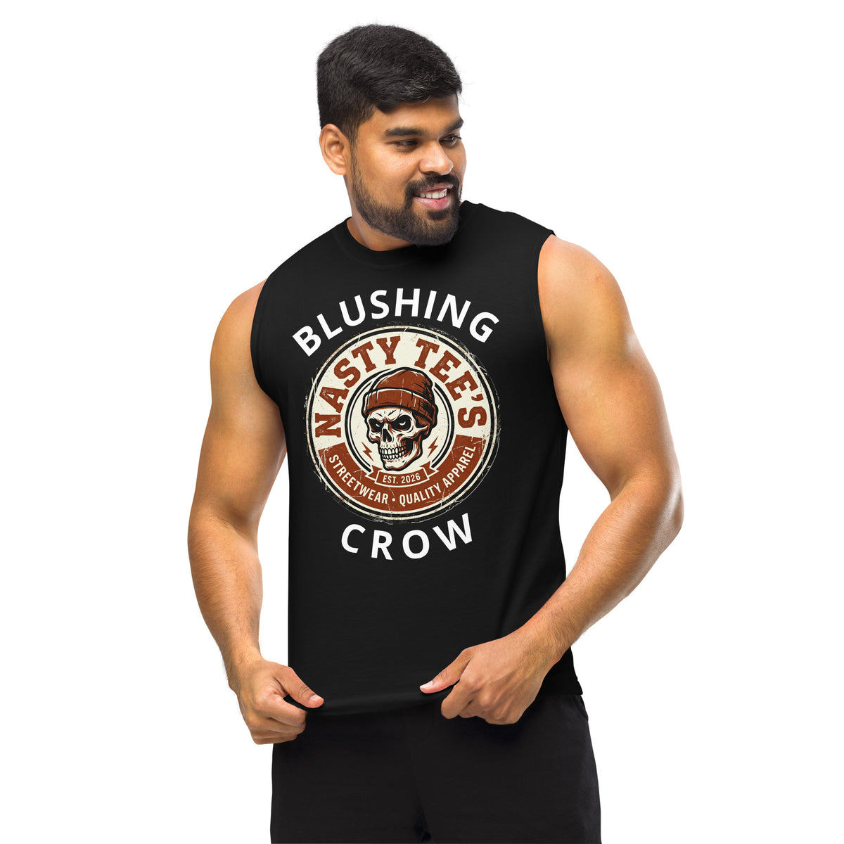 "Blushing Crow" unisex muscle tank in black, front view — Nasty Tee's