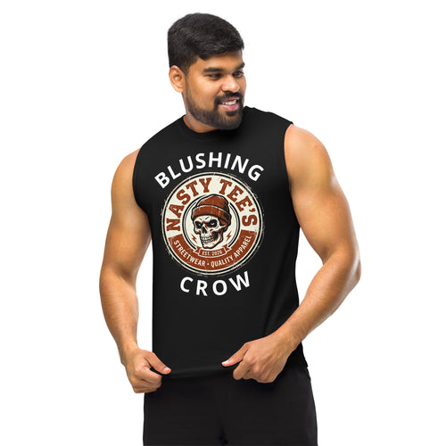 "Blushing Crow" unisex muscle tank in black, front view — Nasty Tee's
