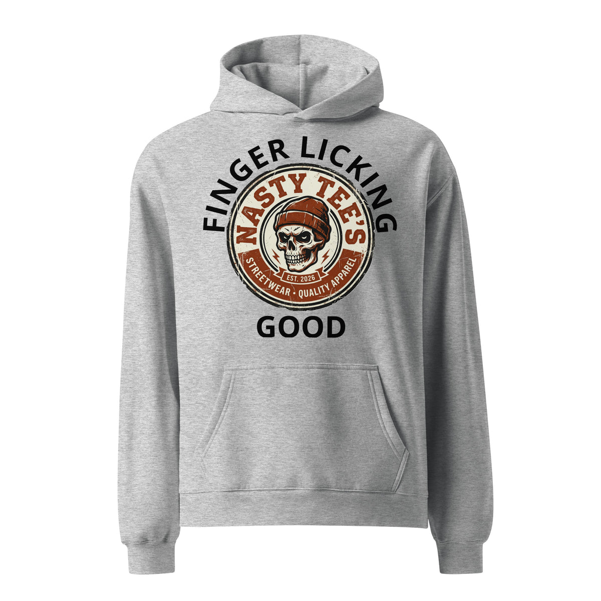  "Finger Licking Good" unisex oversized hoodie in athletic heather, front view — Nasty Tee's