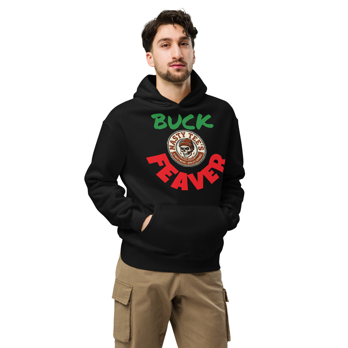 Nasty Tee's Buck Feaver spoonerism oversized hoodie, skull badge graphic, unisex