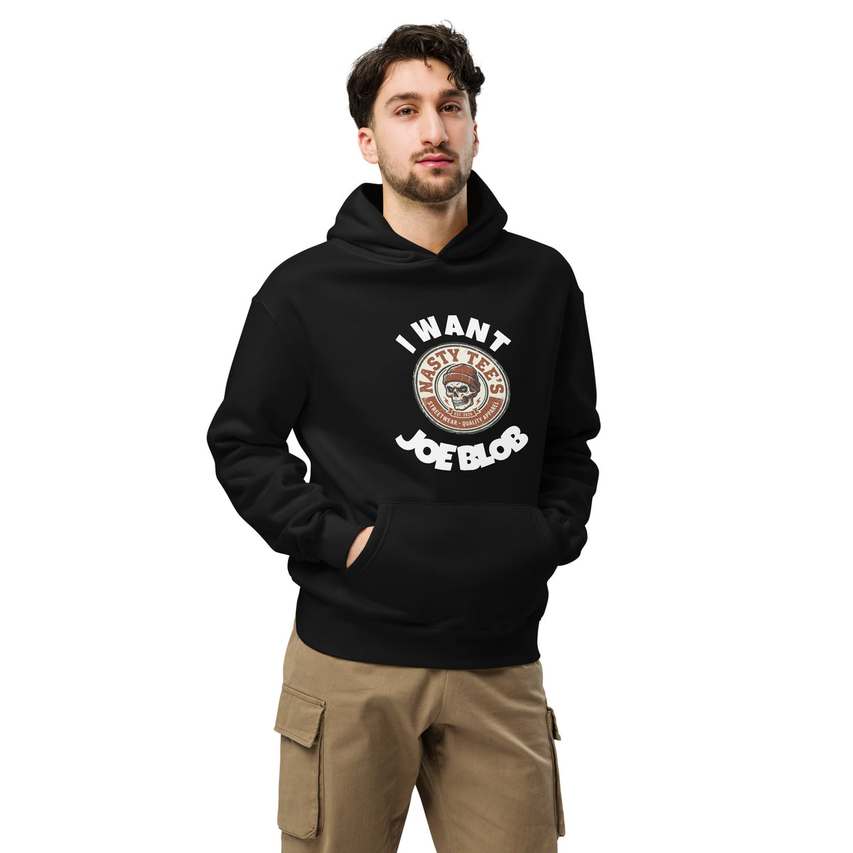 Nasty Tee's I Want Joe Blob spoonerism oversized hoodie, skull badge graphic, unisex