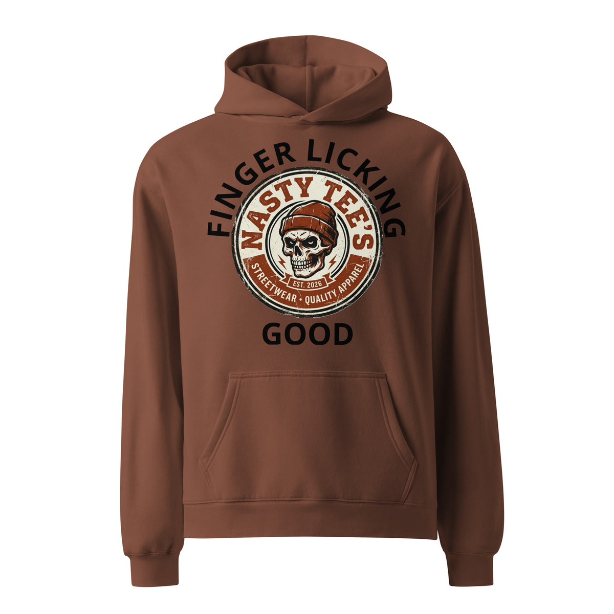 "Finger Licking Good" unisex oversized hoodie in chestnut, front view — Nasty Tee's
