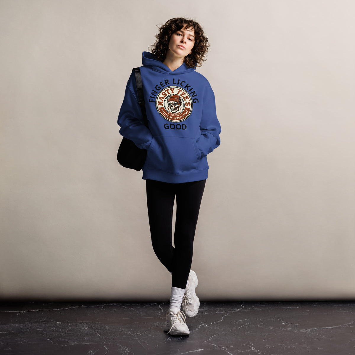 "Finger Licking Good" unisex oversized hoodie in cobalt, front view — Nasty Tee's
