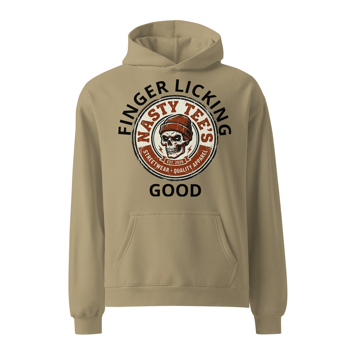 "Finger Licking Good" unisex oversized hoodie in sand, front view — Nasty Tee's