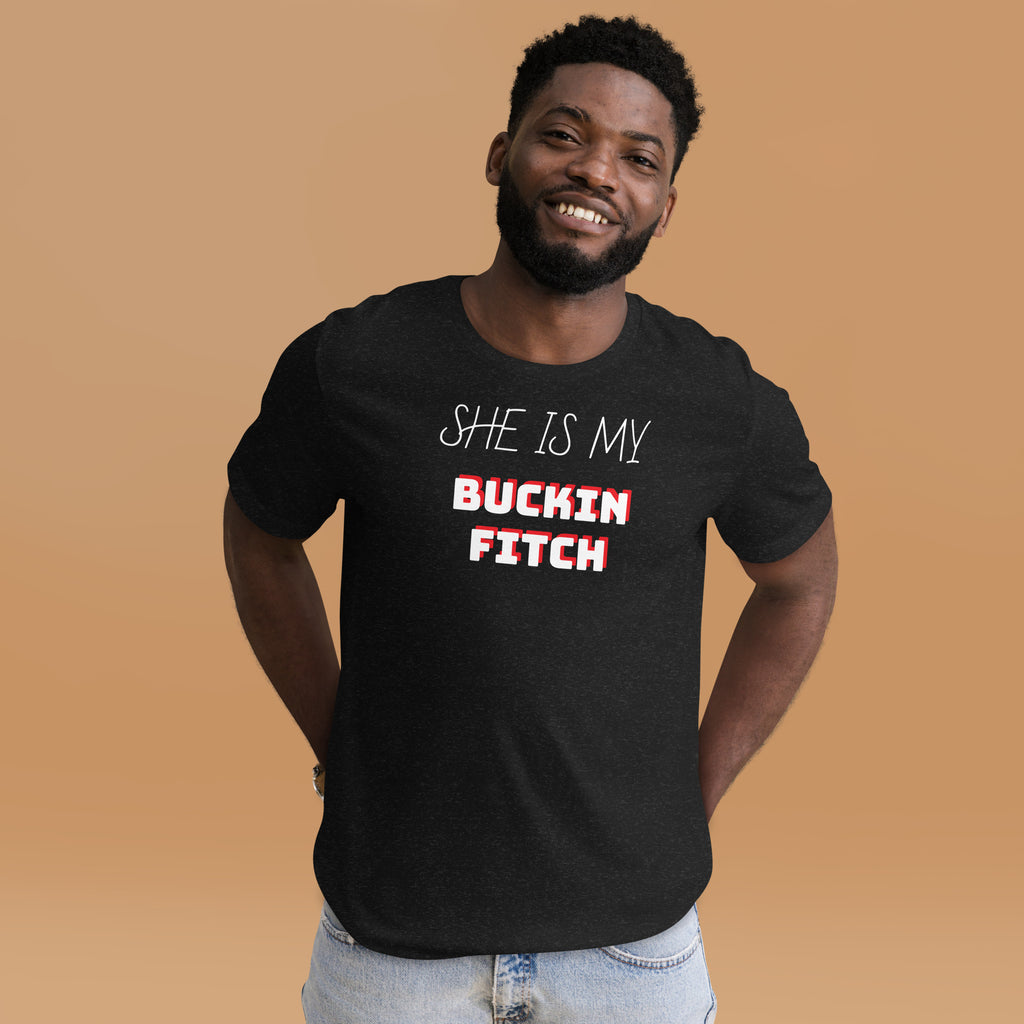 Nasty Tee's She Is My Buckin Fitch spoonerism t-shirt, skull badge graphic, unisex
