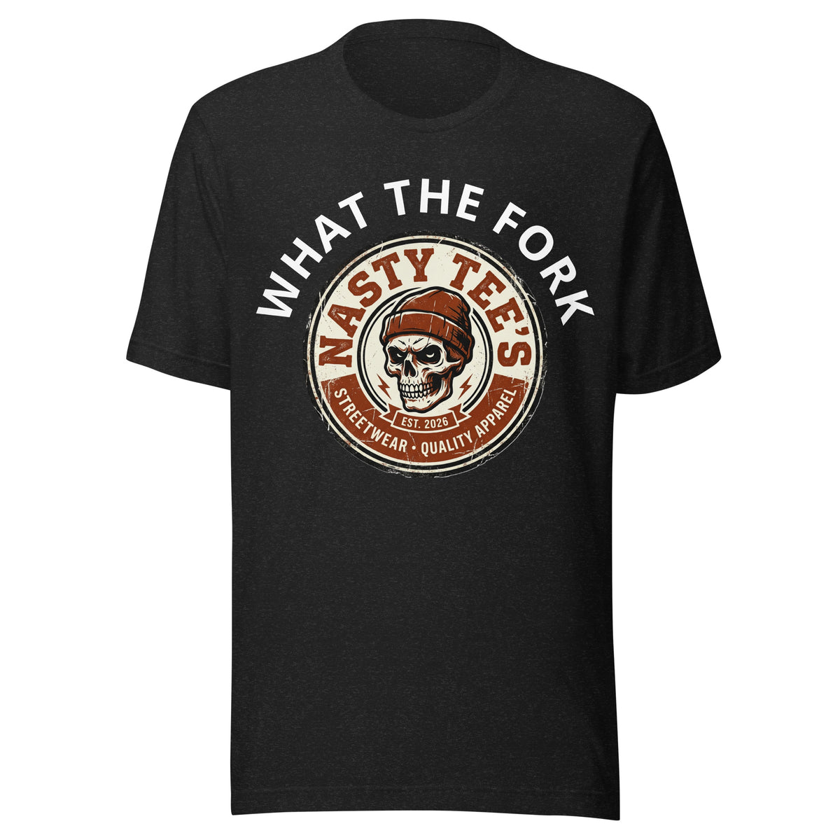 "What The Fork" unisex t-shirt in black, front view — Nasty Tee's