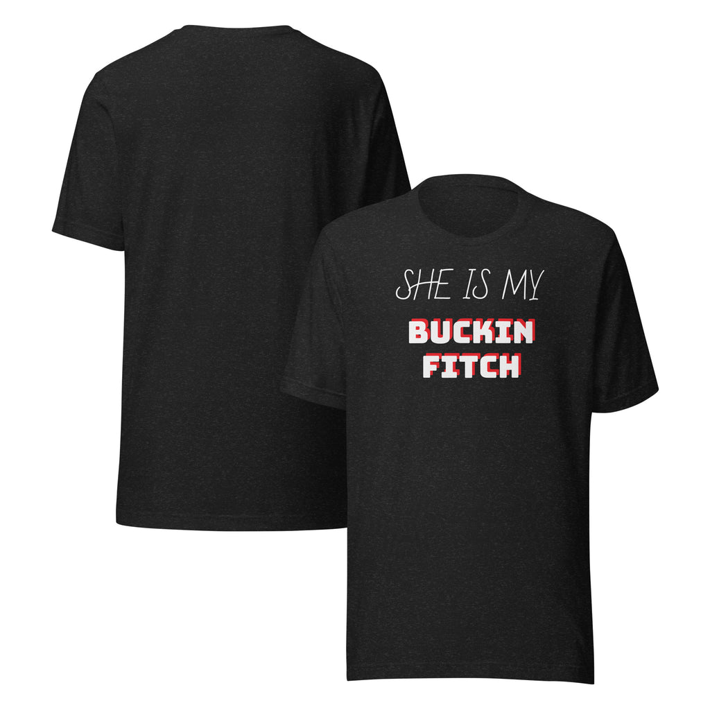 Nasty Tee's She Is My Buckin Fitch spoonerism t-shirt, skull badge graphic, unisex