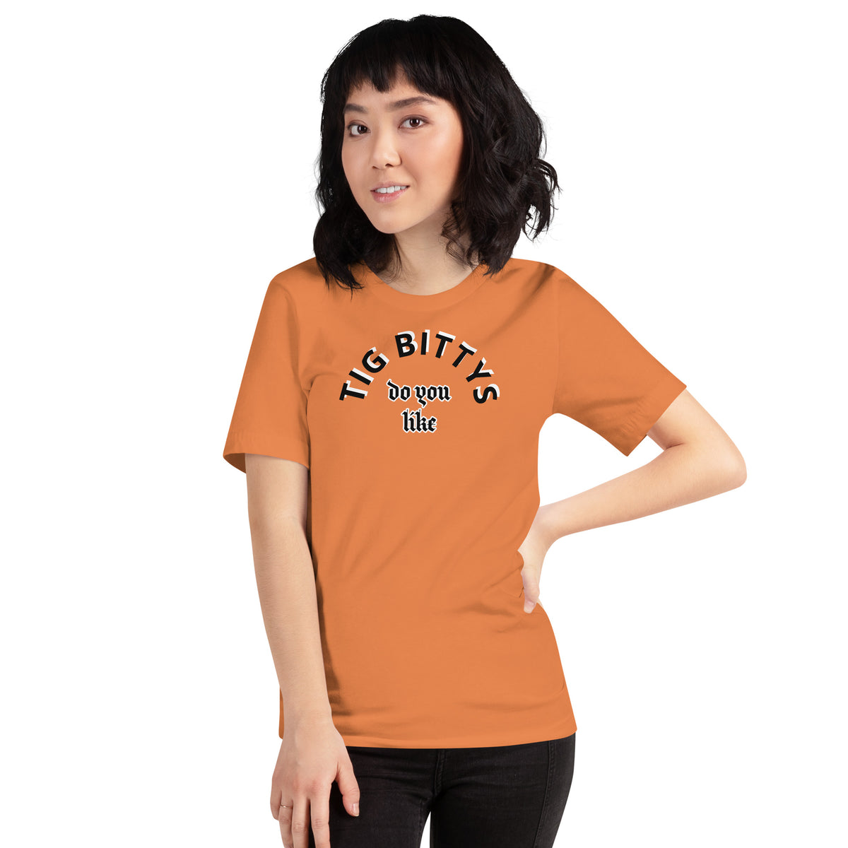 Nasty Tee's Do You Like Tig Bittys spoonerism t-shirt, skull badge graphic, unisex