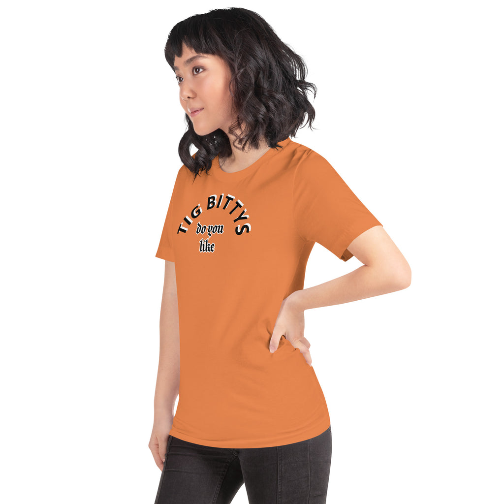 Nasty Tee's Do You Like Tig Bittys spoonerism t-shirt, skull badge graphic, unisex