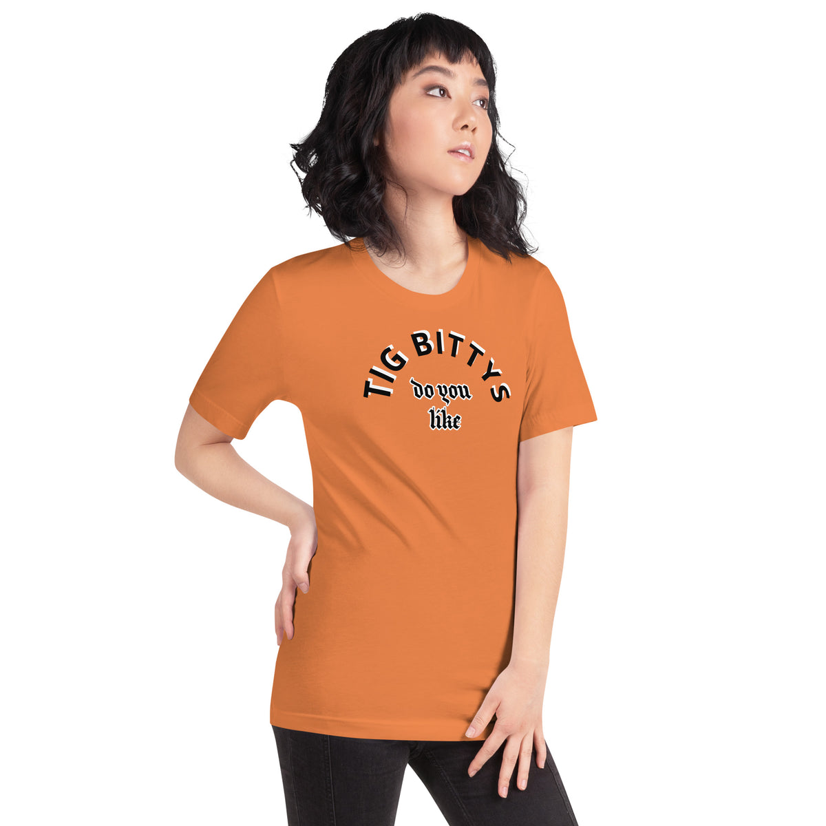 Nasty Tee's Do You Like Tig Bittys spoonerism t-shirt, skull badge graphic, unisex