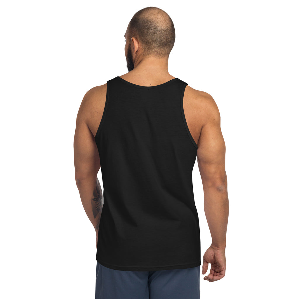 "Shirt Happens" unisex tank top in black, back view — Nasty Tee's