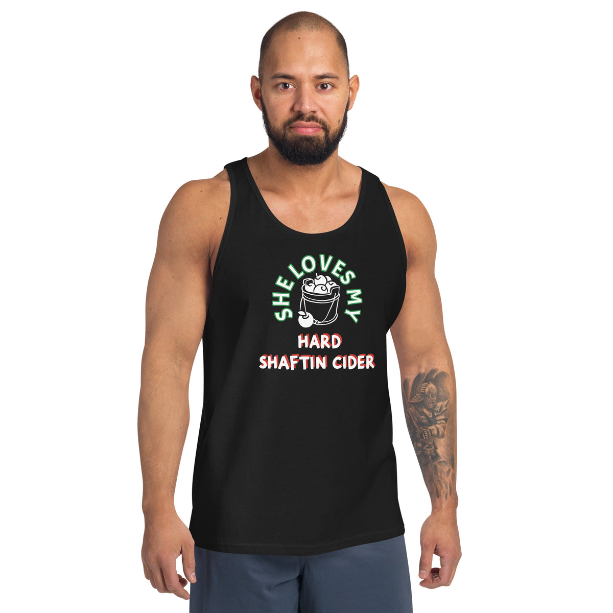 Nasty Tee's She Loves My Hard Shaftin Cider spoonerism tank, skull badge graphic, unisex