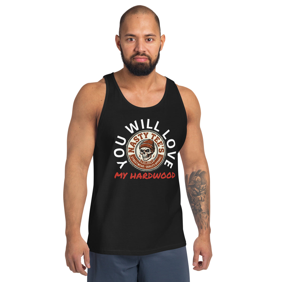 Nasty Tee's You Will Love My Hardwood spoonerism tank, skull badge graphic, unisex